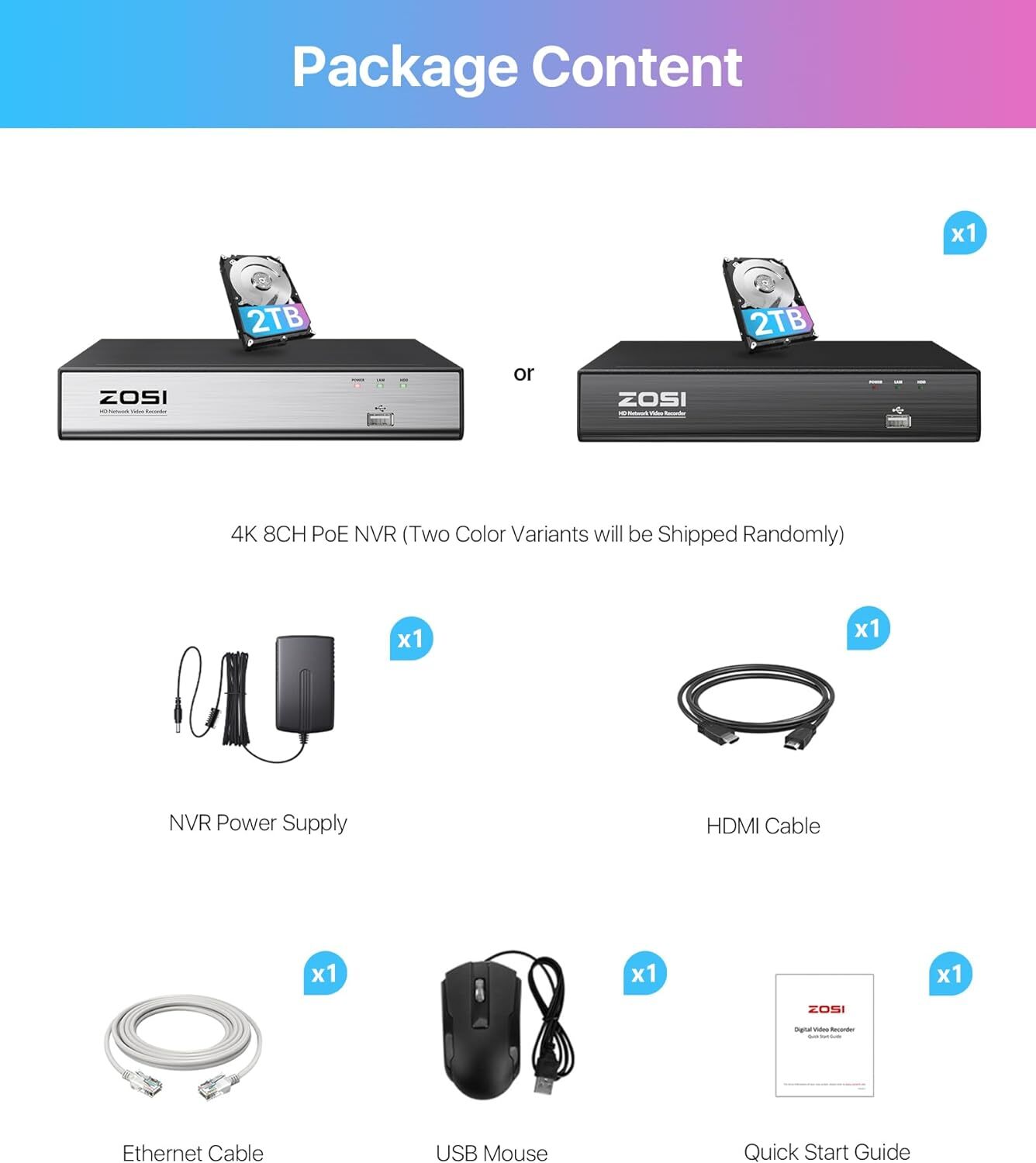 ZOSI 4K 8CH PoE NVR Recorder 2TB(16CH Expandable) Record Playback Remote View IP