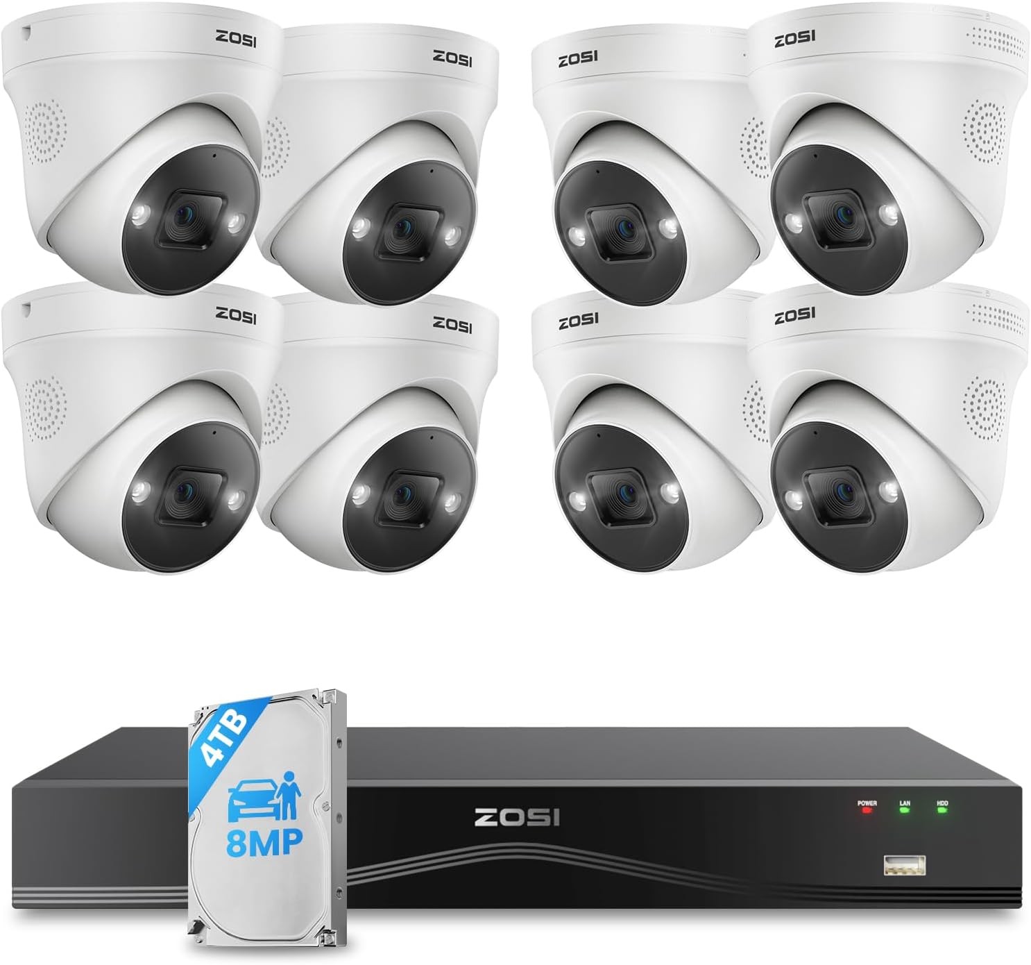 ZOSI 16CH 4K 8MP PoE NVR Security Camera System 8x Dome 4TB HDD AI Audio Outdoor