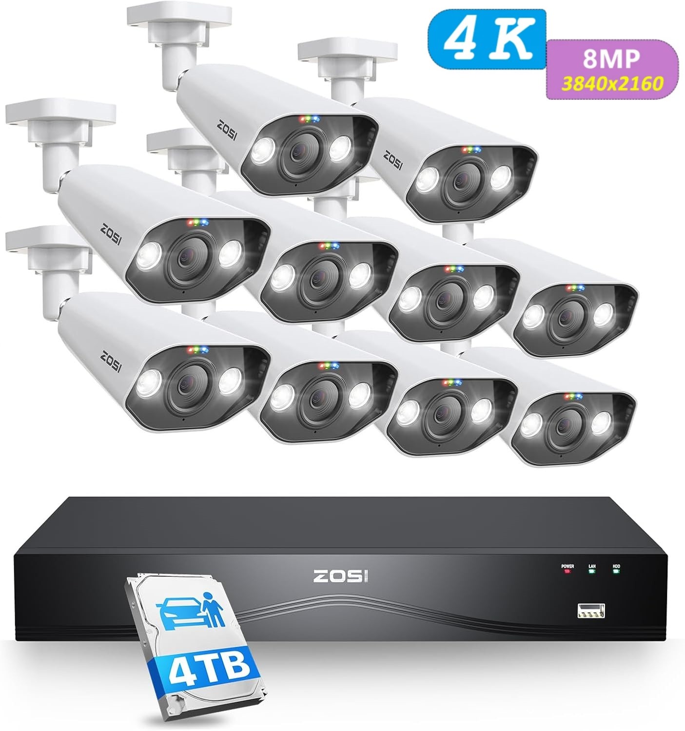 ZOSI 16CH 4K PoE Security Camera System 10x8MP Outdoor 2 Way Talk Camera 4TB HDD