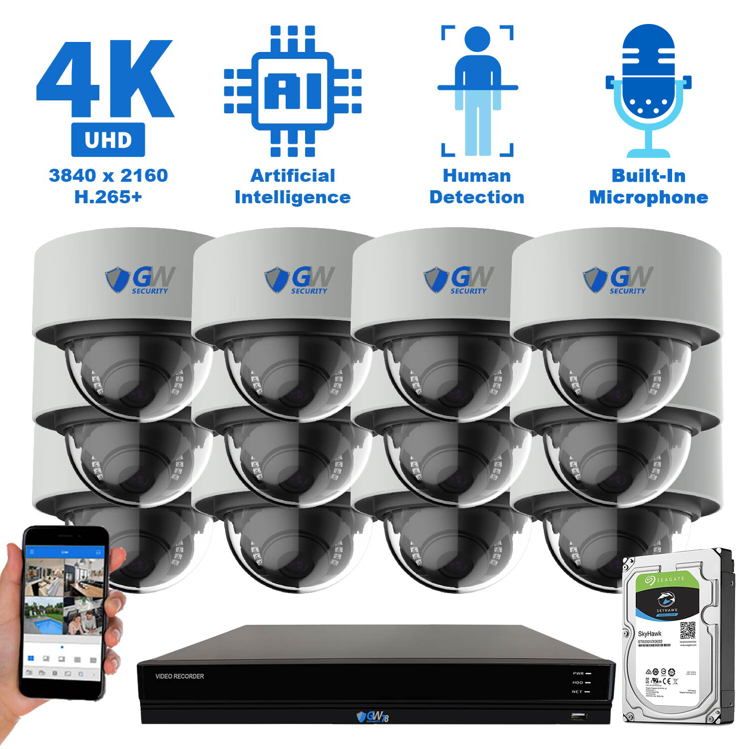 16 Channel NVR 12 4K PoE IP Color Night Vision Microphone Security Camera System