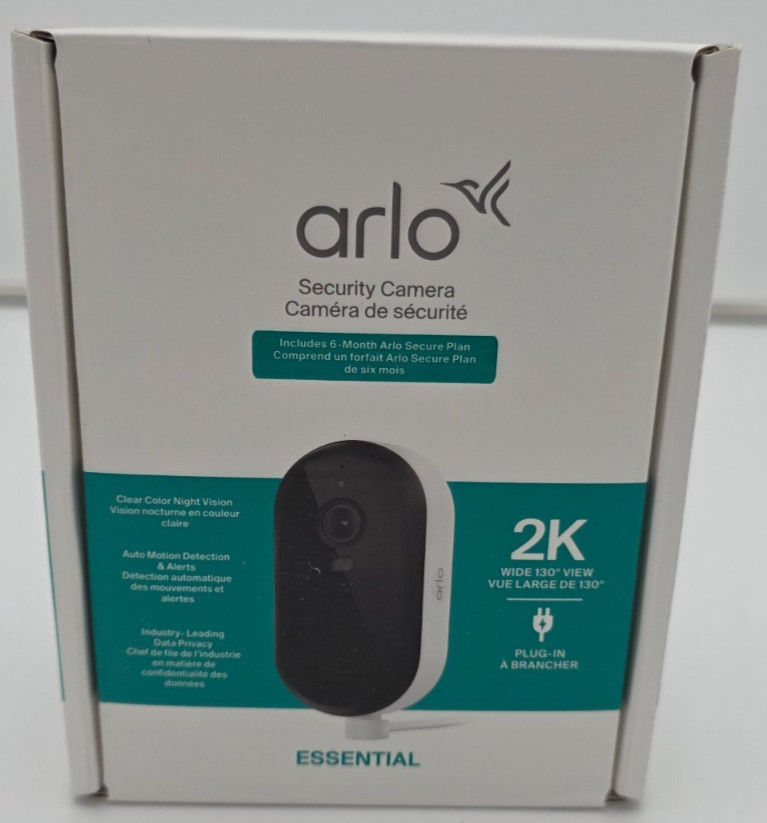 Arlo Essential 2K Camera White Wired Plug-In Outdoor WiFi + Spotlight 6Mo Plan