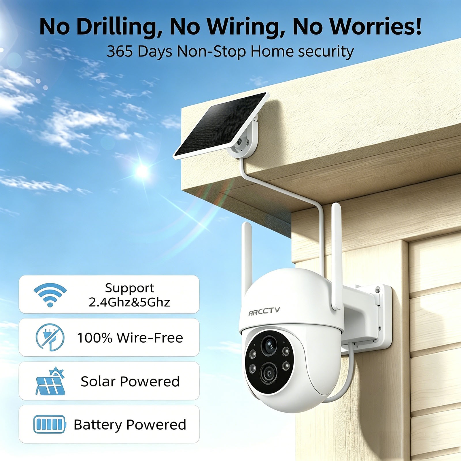 ARCCTV WiFi Solar Security Camera System Wireless Pan Tilt Outdoor Night Vision