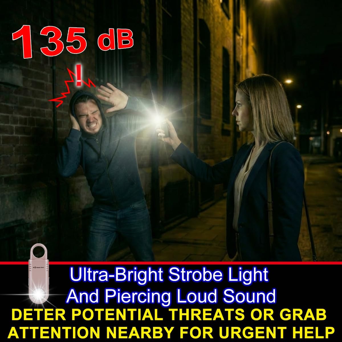 135dB Rechargeable Personal Safety Alarm Built-in Ultra-Bright Flashlight Non…