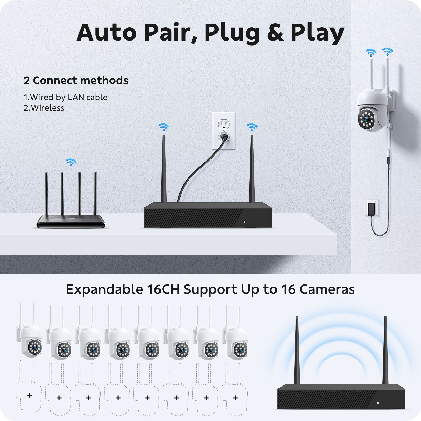 8Pcs PTZ Cameras Wireless CCTV Security Camera System WiFi 16CH 4K NVR Audio US