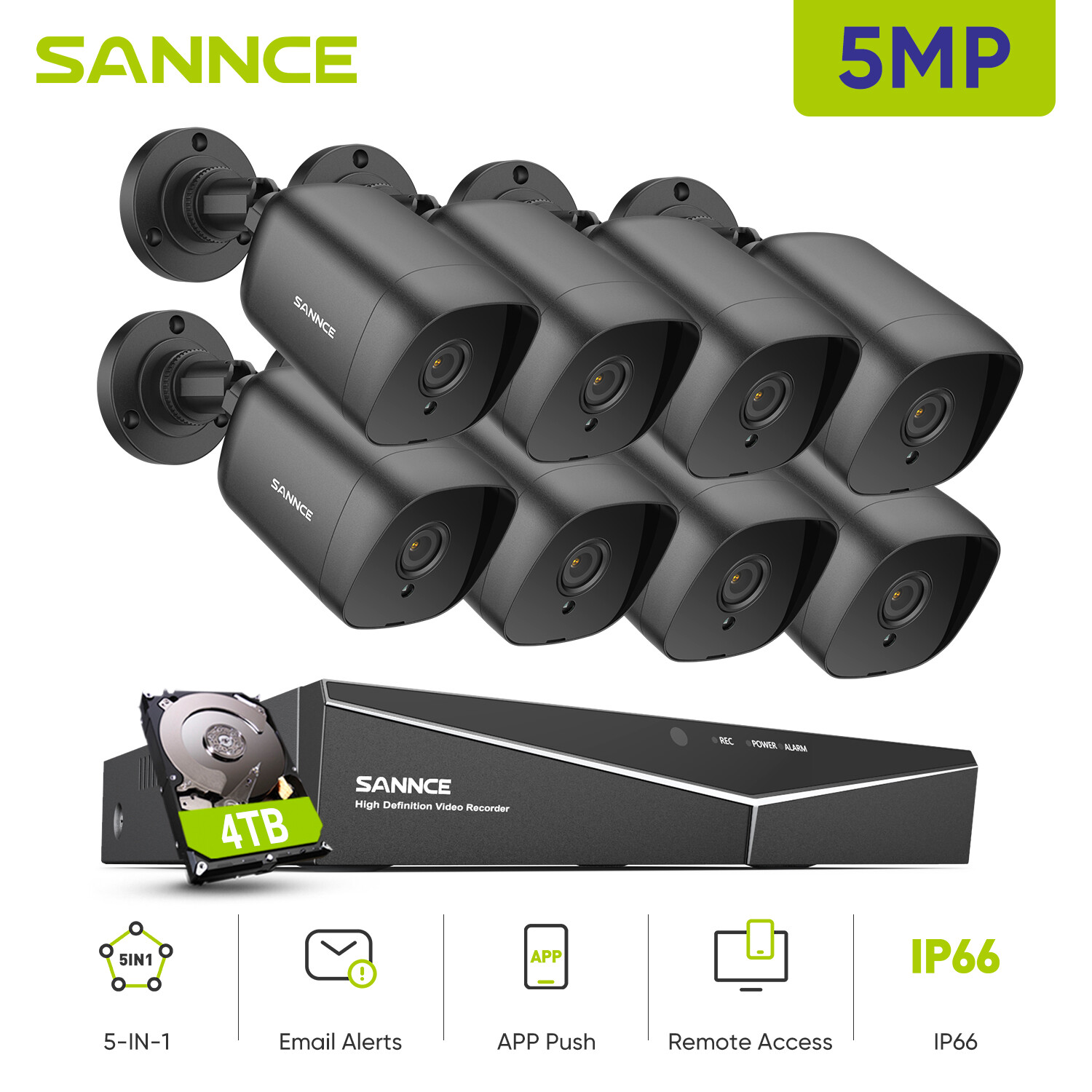 SANNCE 5in1 8CH DVR HD 5MP Video Security Camera System Oudoor EXIR Night Vision