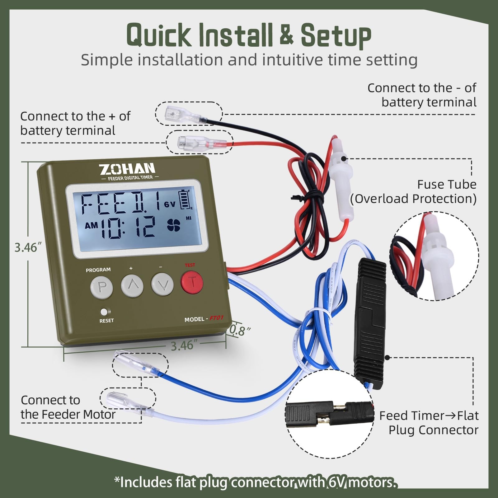 ZOHAN FT01 Deer Feeder Timer – Universal 6V/12V 24h Automatic AMY GREEN