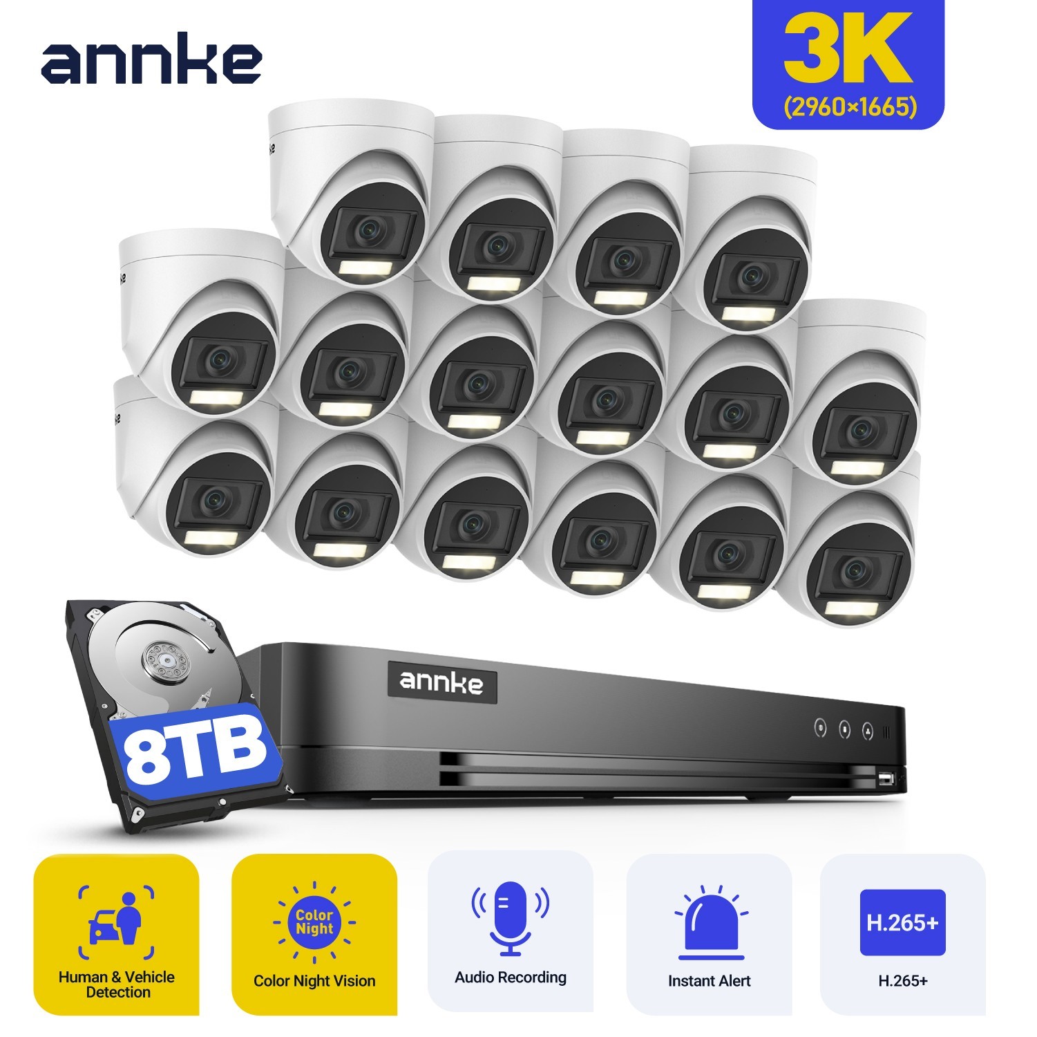 ANNKE 16CH 4K DVR 5MP Audio Security Camera System Color Night AI Motion H.265+