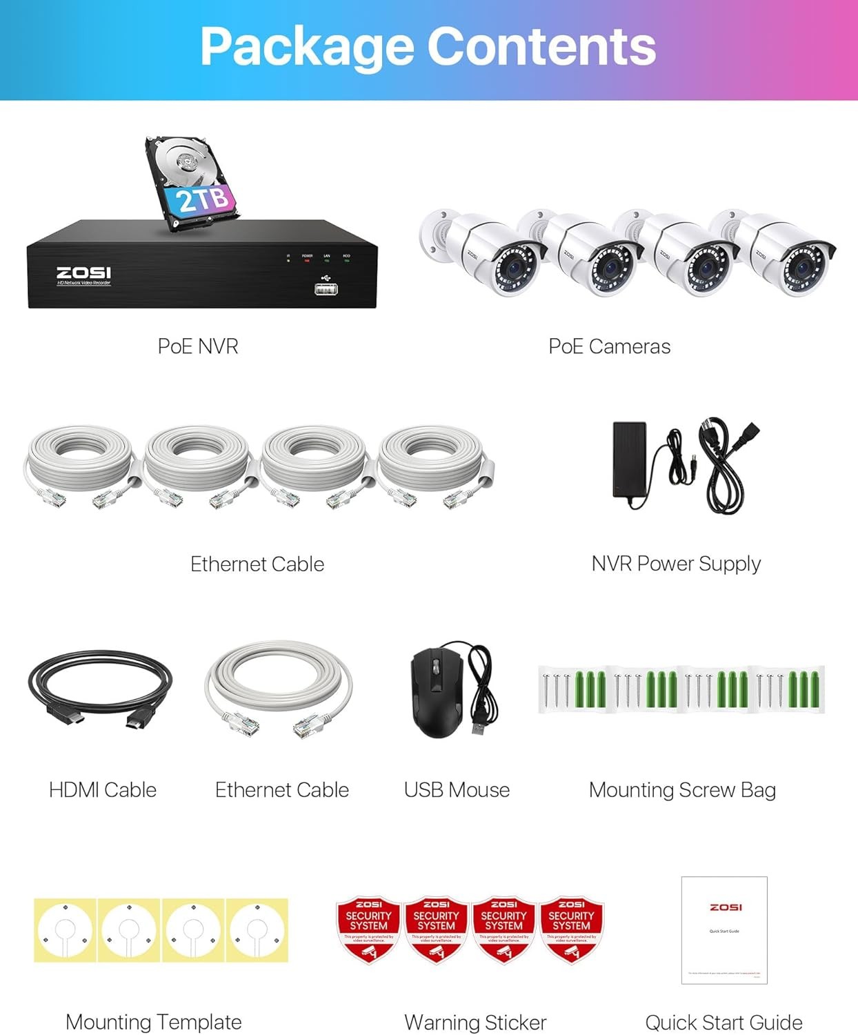 ZOSI 8CH 4pcs 5MP PoE Security Camera System with 2TB HDD Night Vision Detect