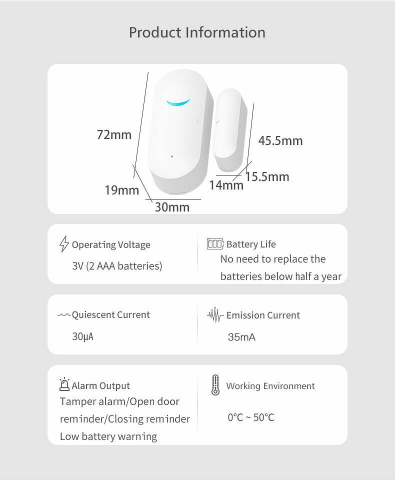 2 Pack WiFi Smart Door Window Magnetic Sensor Home Security Burglar Alarm Google