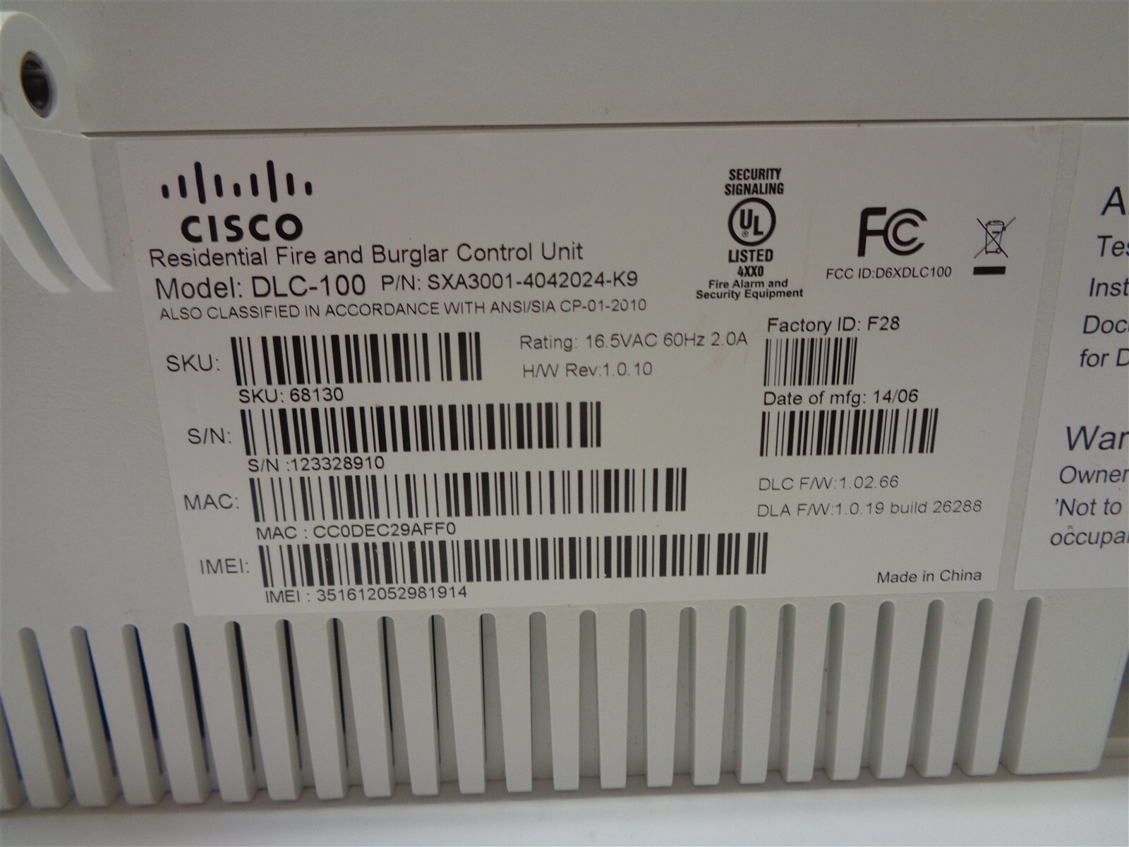 Cisco AT&T DLC-100 Residential Fire/Burglar Control Unit P/N SXA3001-4042024-K9