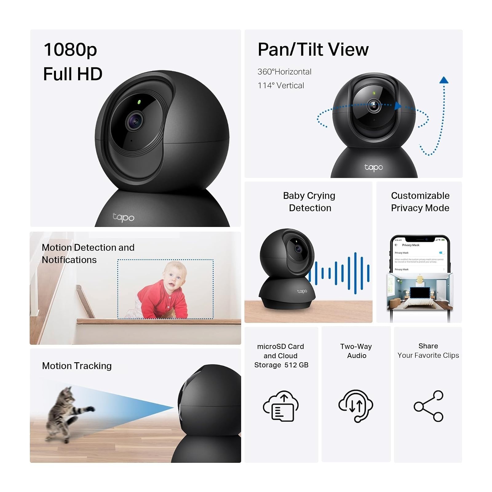 1080P Indoor Pan/Tilt Security Camera – Night Vision, 2-Way Audio, Black