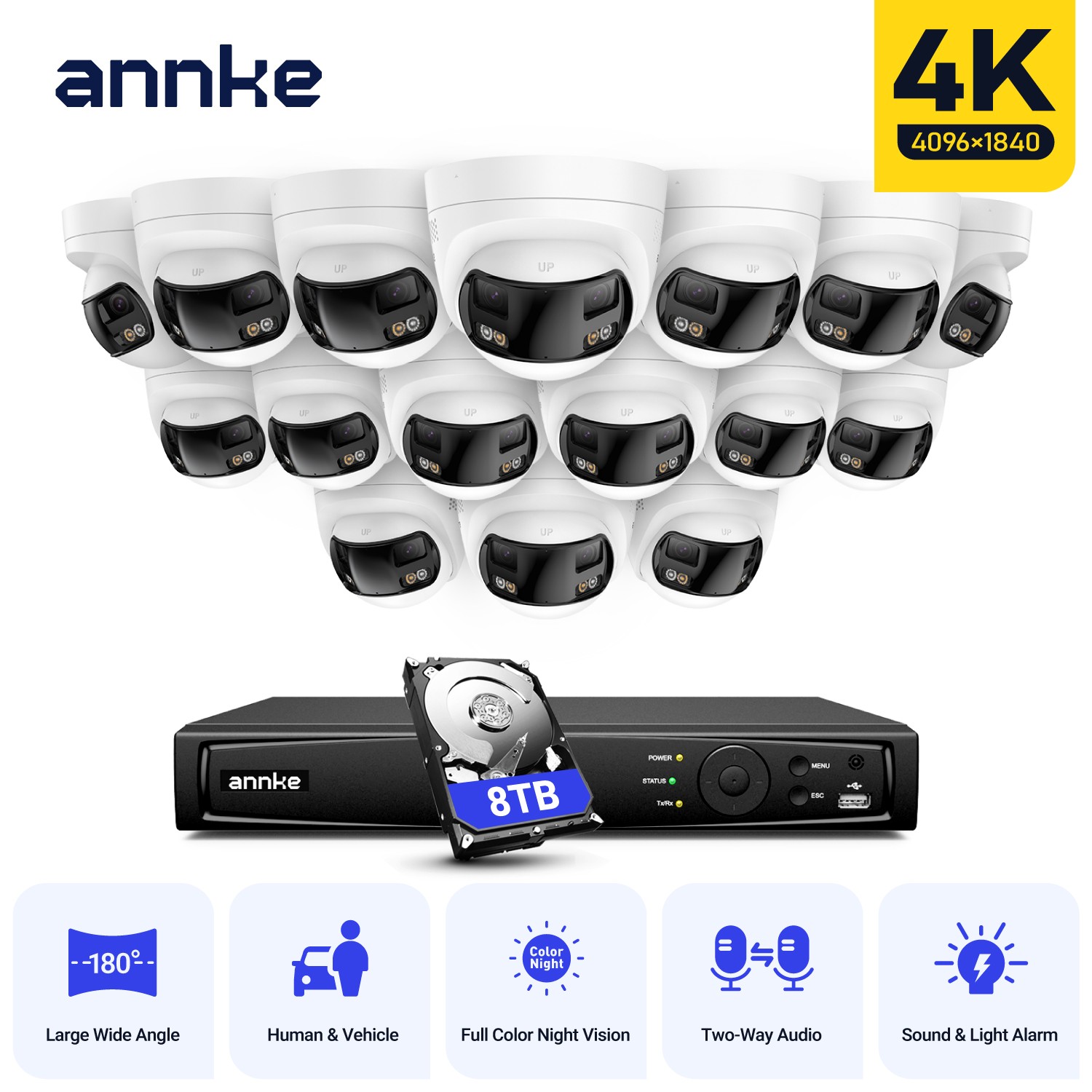 ANNKE 16CH 12MP NVR 4K POE Dual Lens 180° Security Camera System AI Color Night