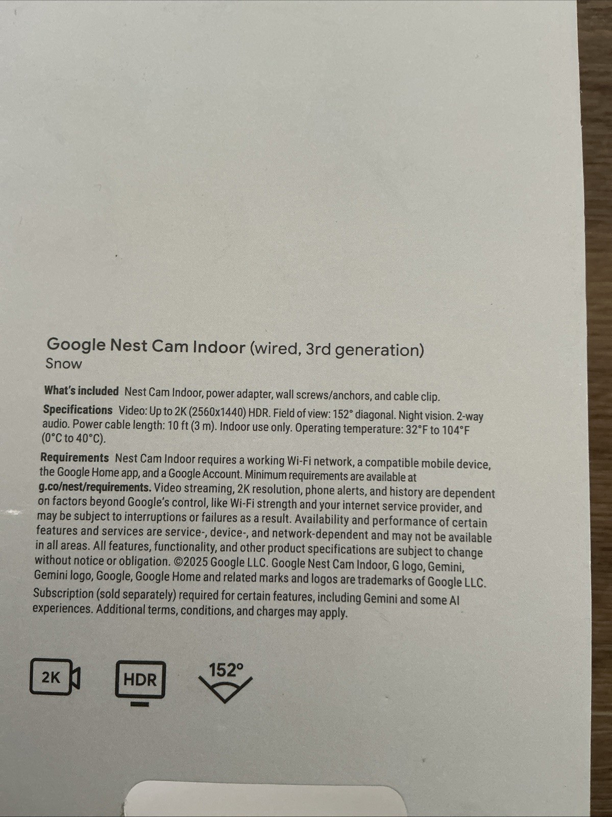 Google Nest Cam Indoor (Wired, 3rd Gen) – Security Camera, 2K Video & Gemini, Ni