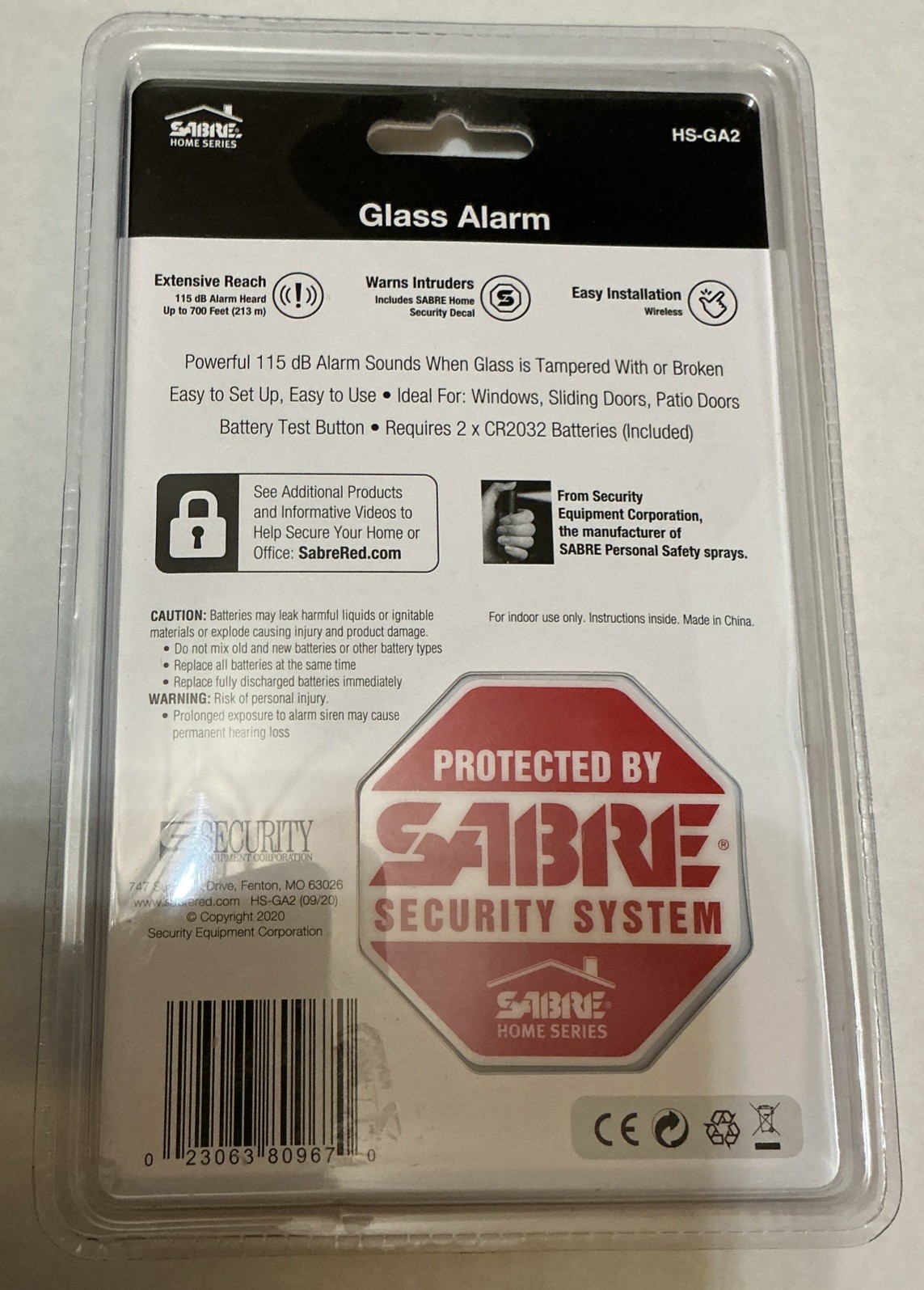 SABRE HS-GA2 Wireless Window Glass Break Vibration Detector Alarm 2 Pack