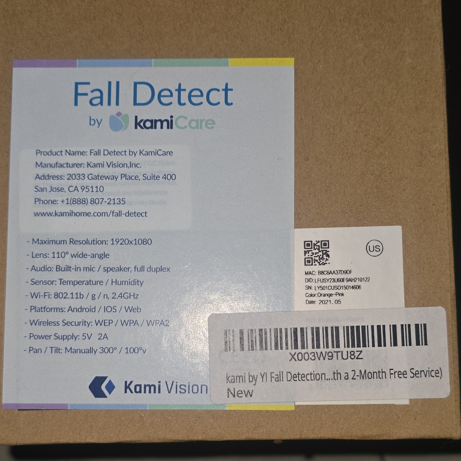 Kami Fall Detect by KamiCare Indoor Wi-Fi Smart Camera 1920×1080 Audio Sensors
