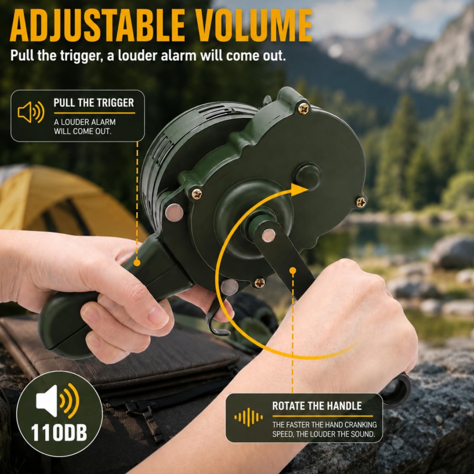 110 DB Hand Crank Siren Horn with Foldable Handle, Portable