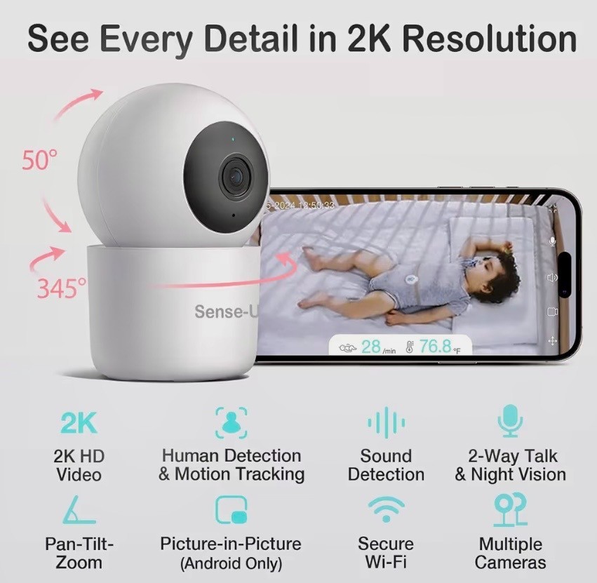 Camera Surveillance Security Recorder Sense-U PTZ Smart 2K Video Baby Monitoring
