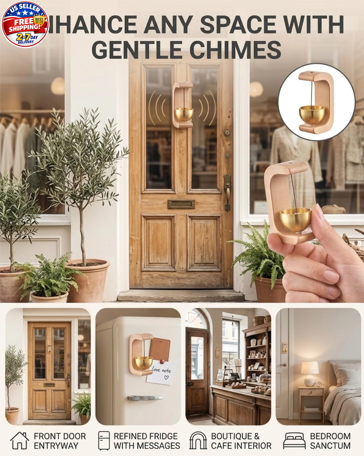 Magnetic Door Chime Bell, Wooden Wind Chime Shopkeepers Doorbell for Door Openin