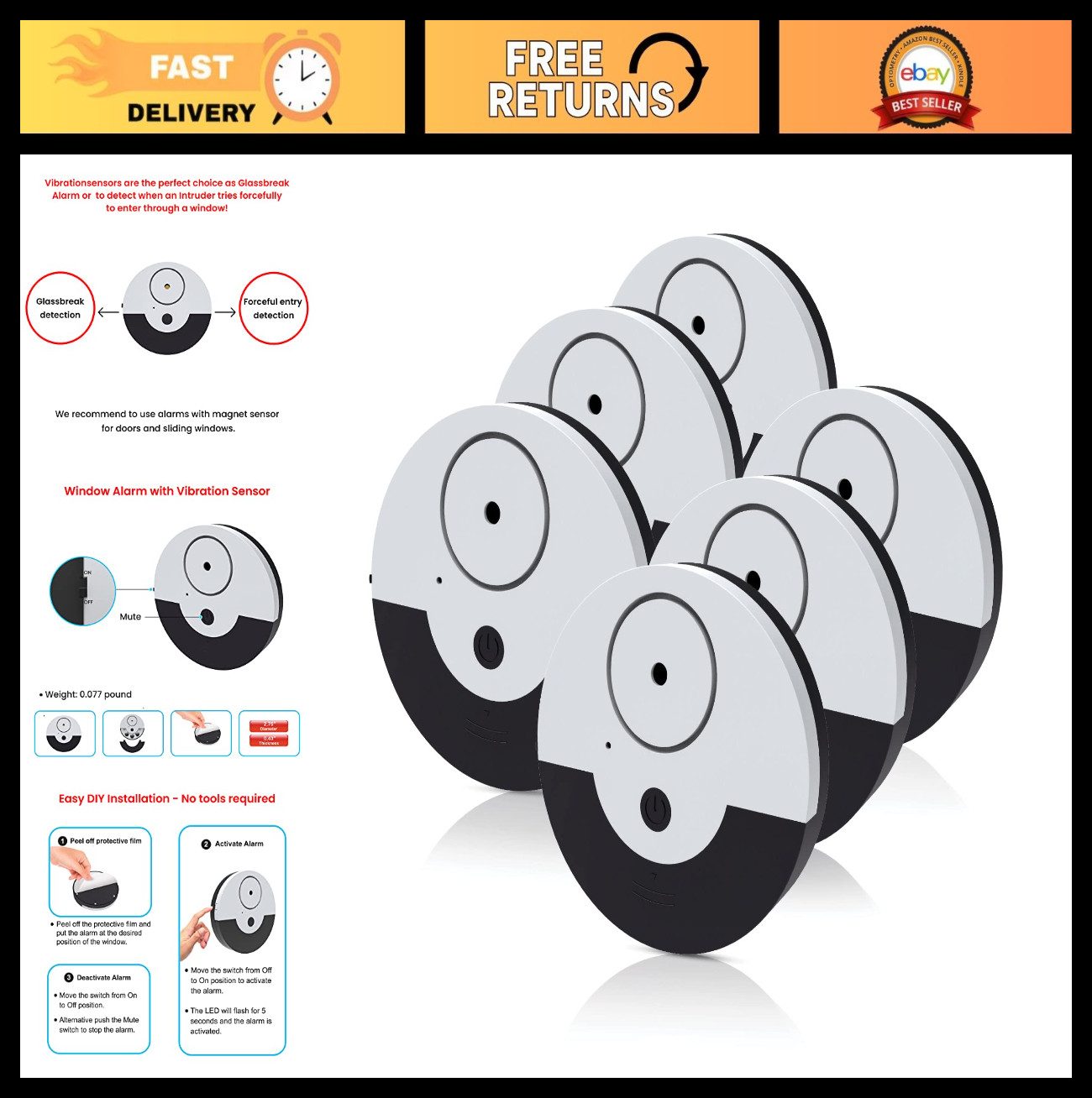 Extra Loud 130dB Window Alarm System – Vibration Sensors, Easy Install, 6 Set Bl