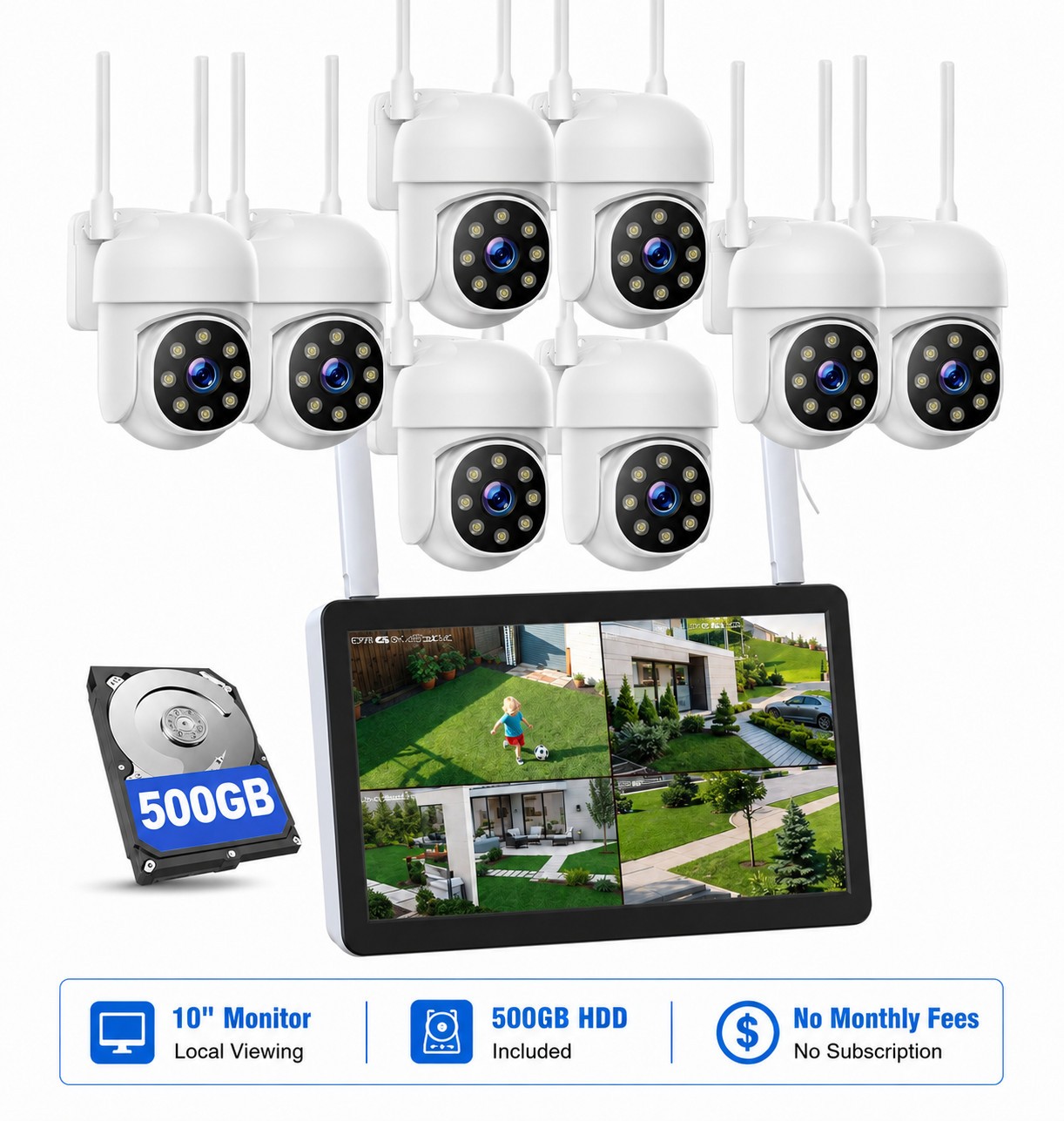 Wireless Security Camera System 10″ Monitor 10CH NVR WiFi 2-Way Audio Recording
