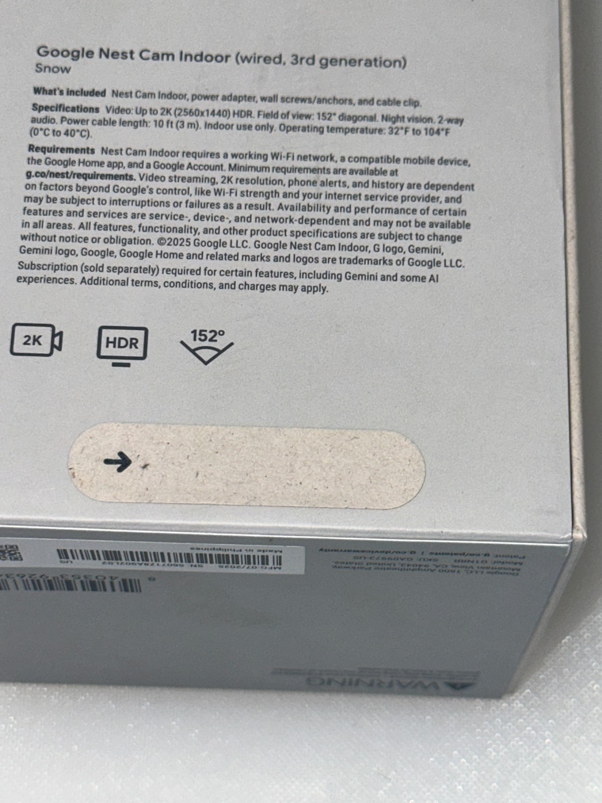 NEW Google Nest Indoor Security Camera (Wired, 3rd gen) – Snow