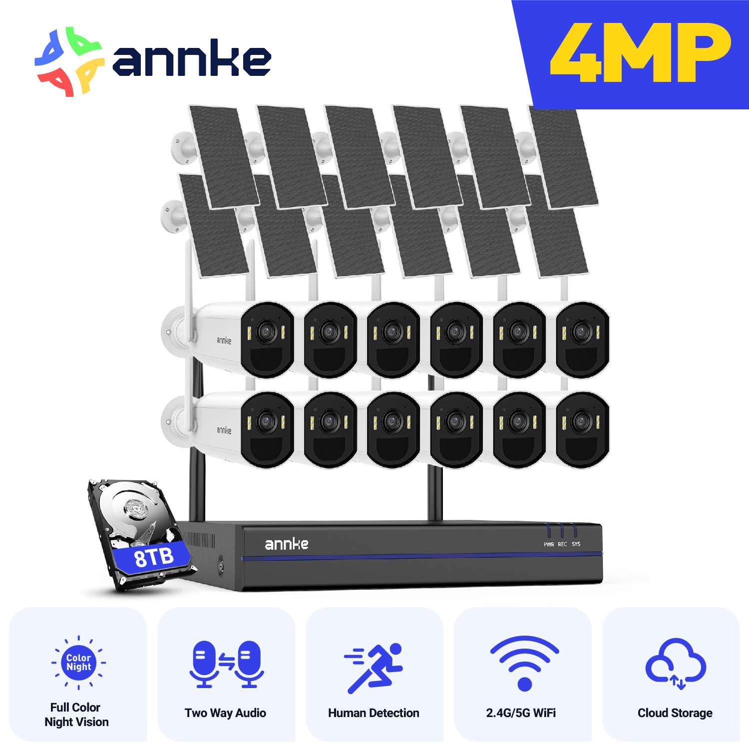 ANNKE 4MP Wireless Security Camera System Wifi Solar Battery Powered 2 Way Audio