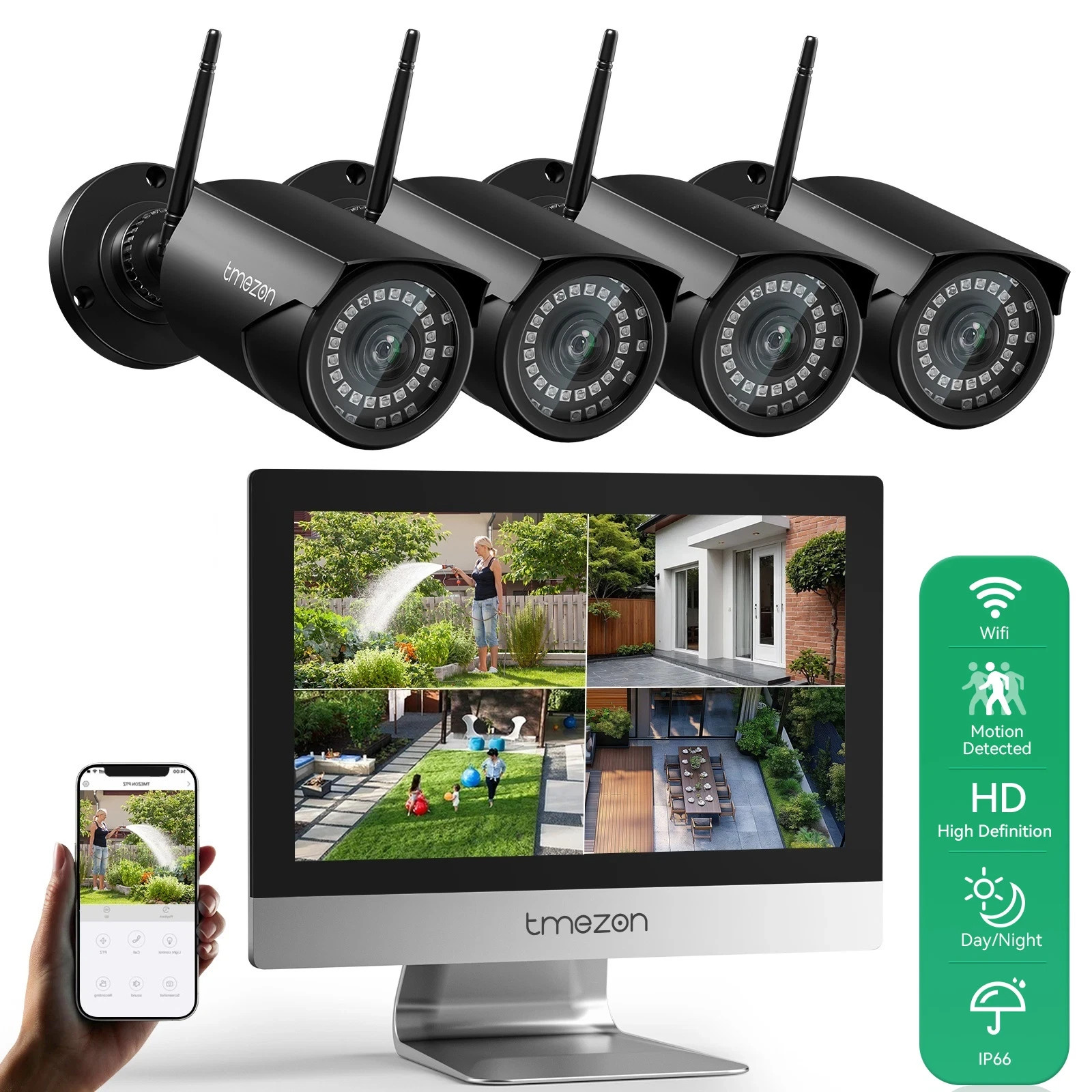 TMEZON Wireless Security Camera System Metal 10CH NVR 12”LCD Monitor 1TB HDD