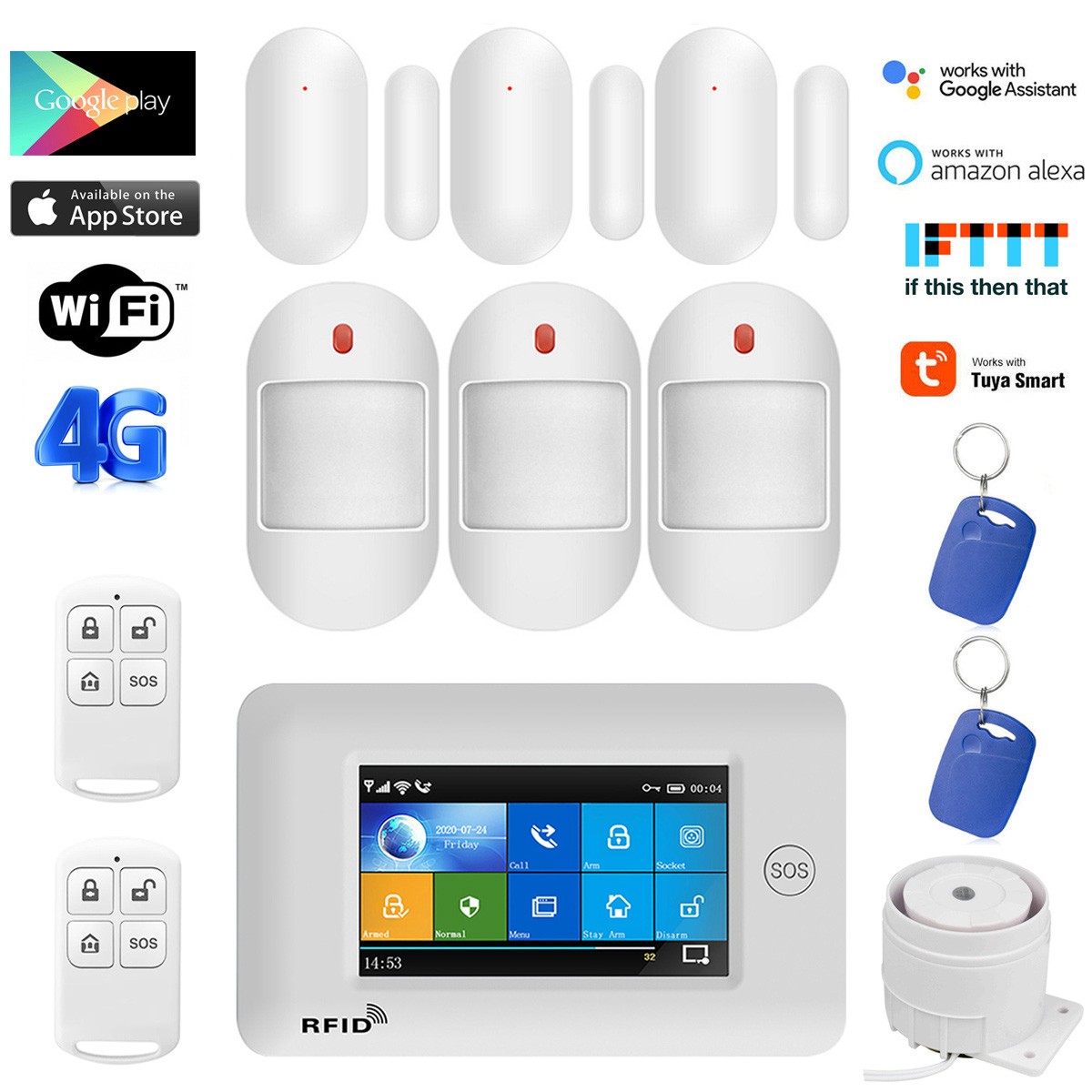V36 Tuya APP Alexa WiFi+4G Wireless Touch Keypad DIY Home Security Alarm System