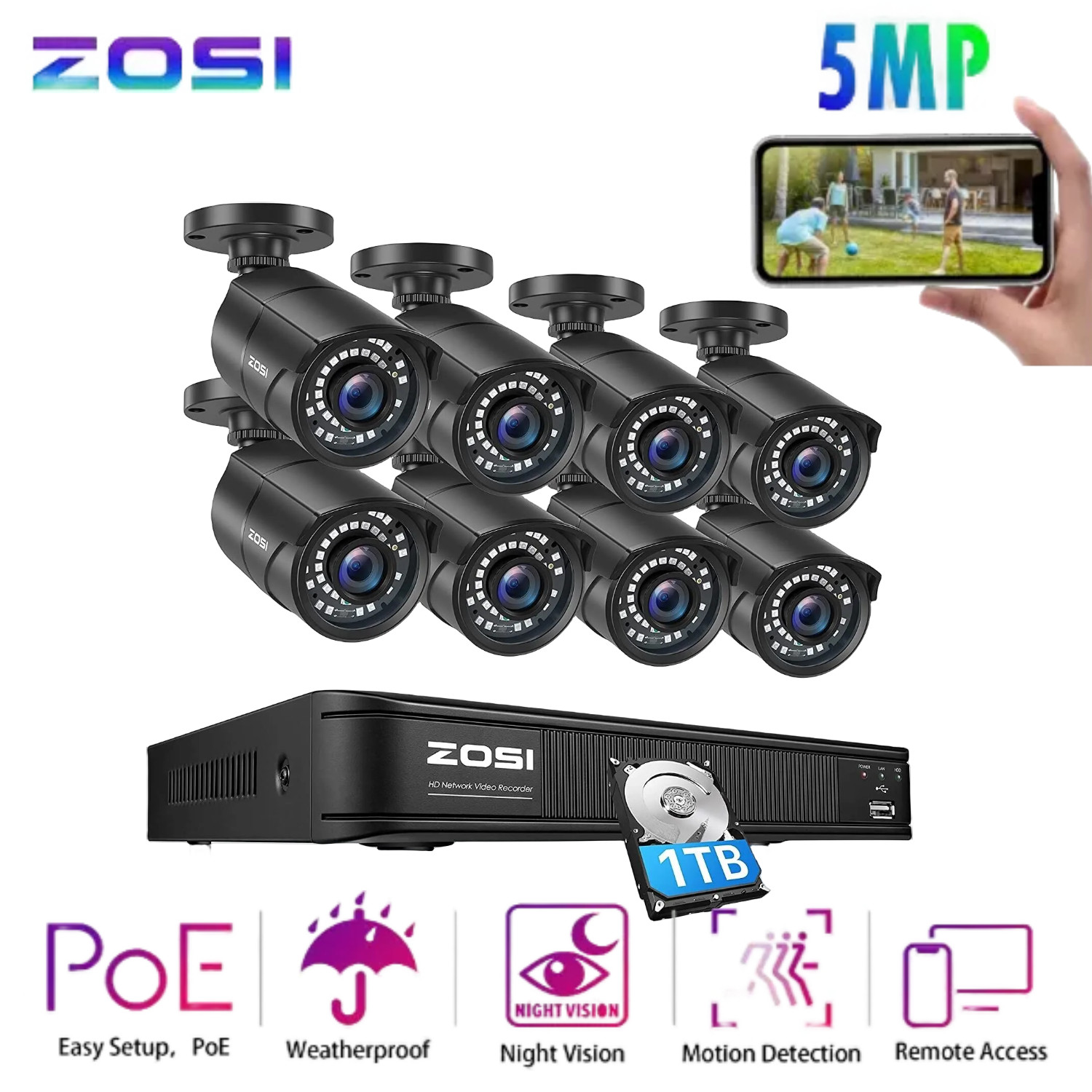 ZOSI 16CH 4K H.265 5MP POE NVR security Camera System Wi-Fi Weatherproof Outdoor