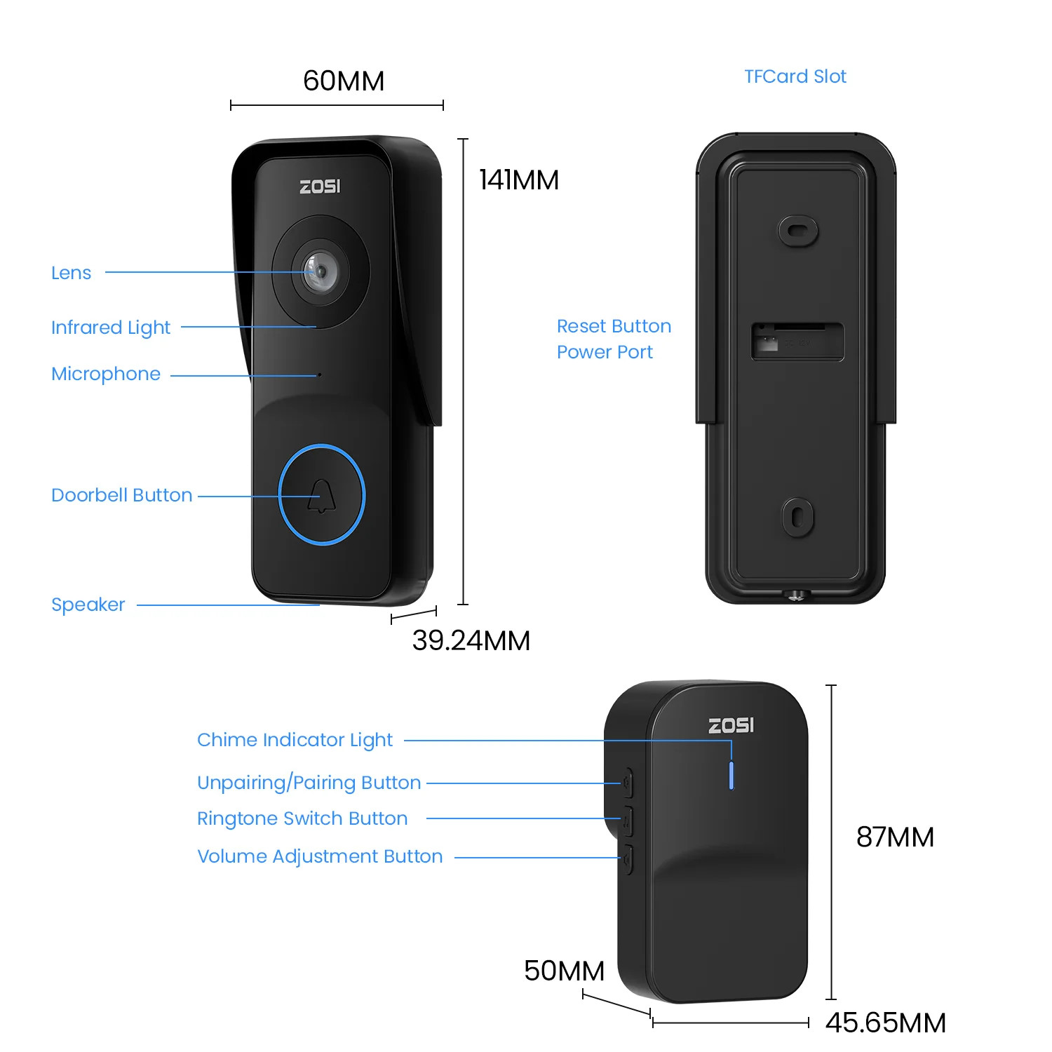 ZOSI 2.5K 5G WiFi Video Door Bell Camera Chime Doorbell Smart Person Detection