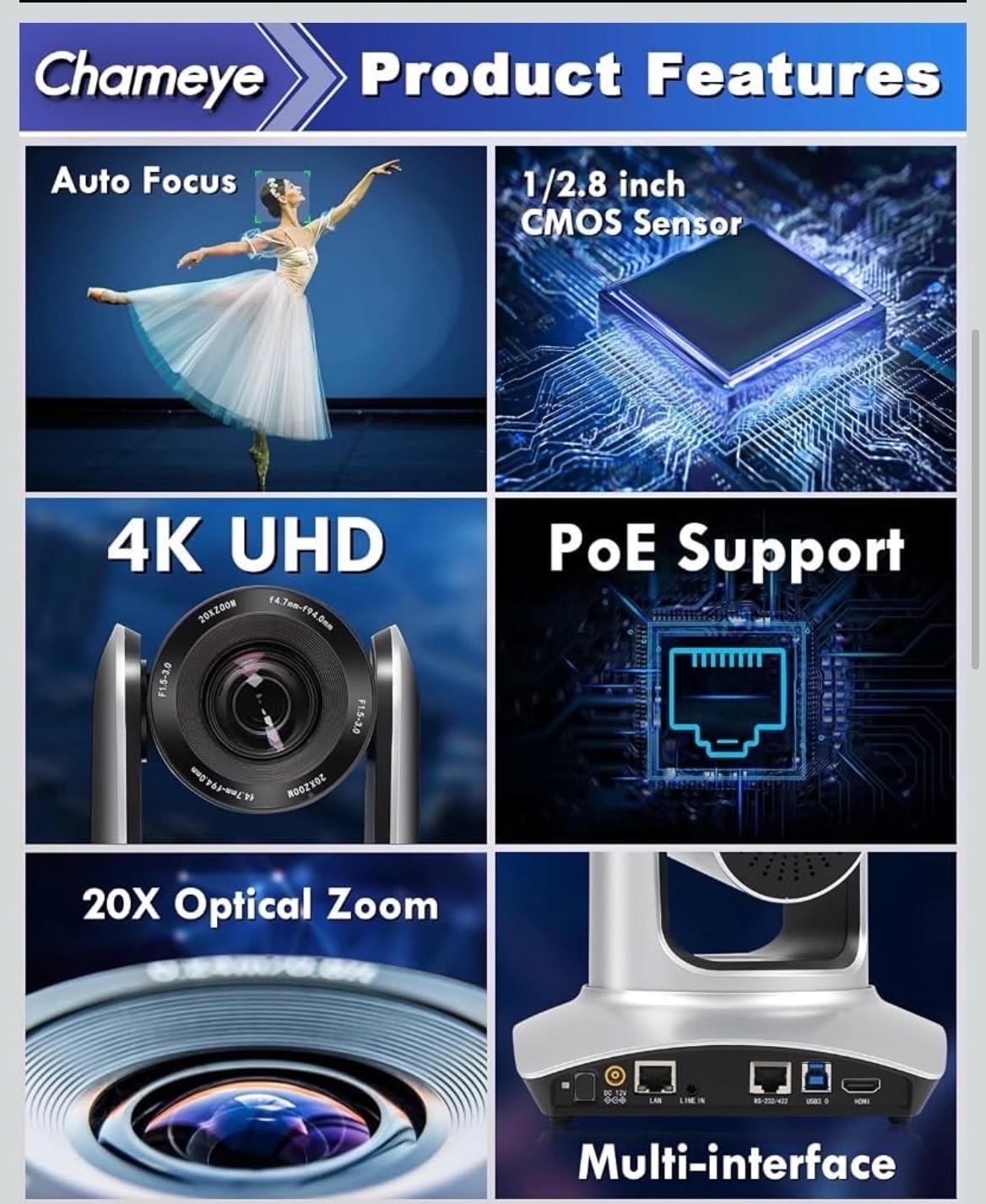 Chameye 4K PTZ Camera with 20X Optical Zoom and Auto Focus