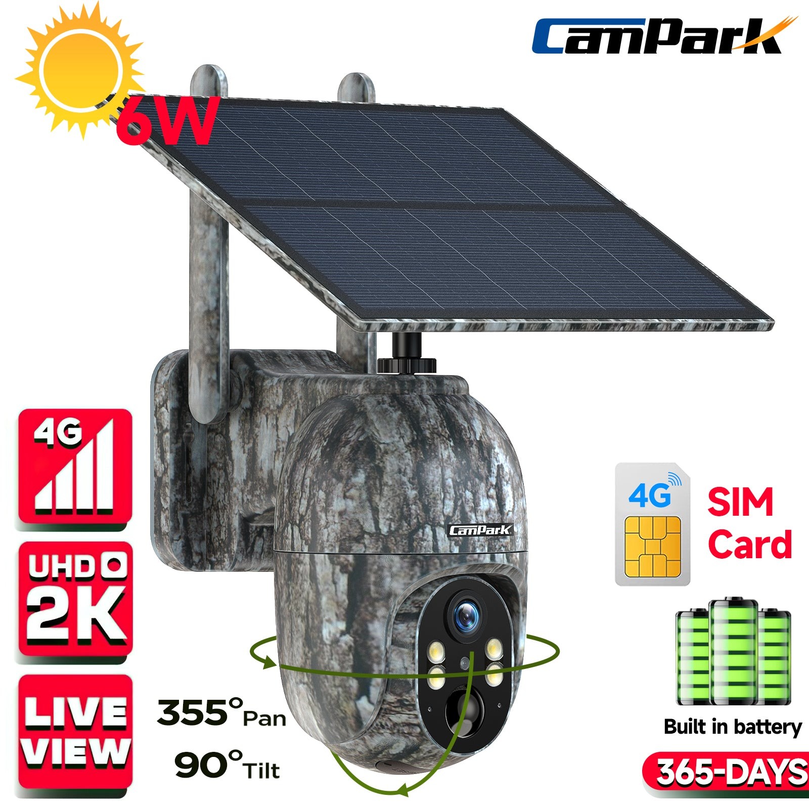 Campark 2.5K 4G LTE Solar 360° PTZ Security Camera Game IP66 Security +SIM Card