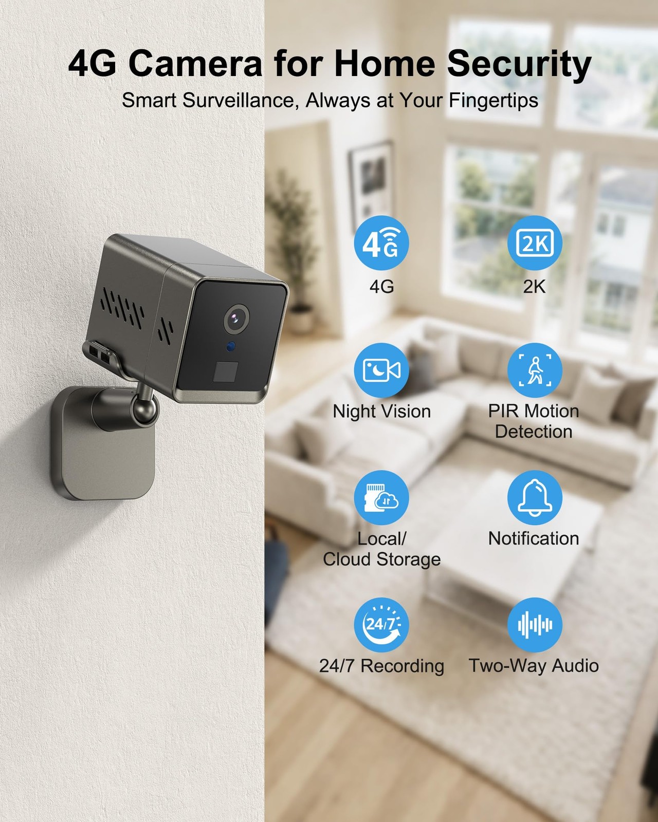 4G LTE Cellular Security Camera, No WiFi 2K HD Indoor Surveillance Black