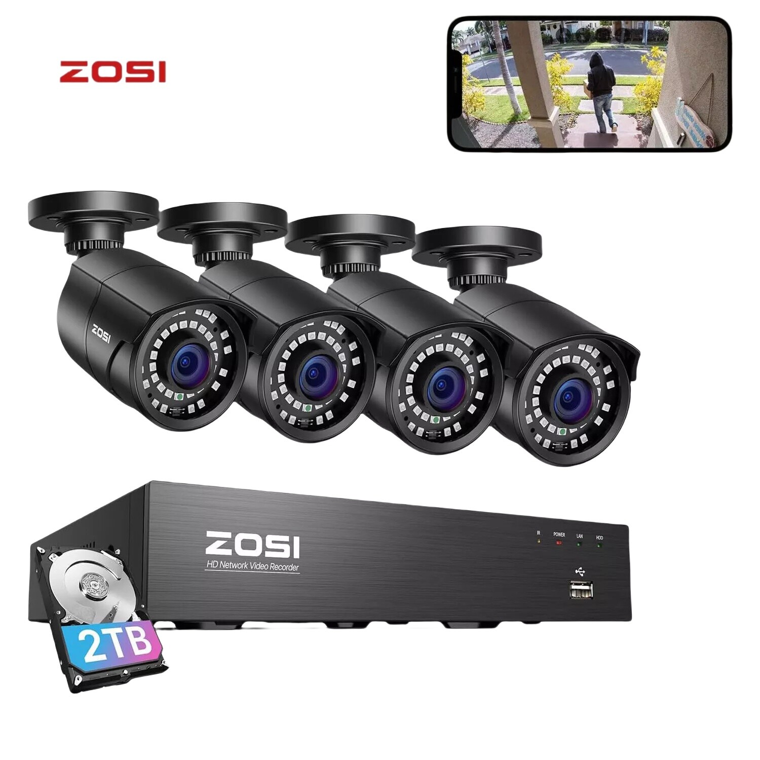 ZOSI 5MP 8CH 2TB NVR PoE Security Bullet IP Camera System 24/7 recycle recording