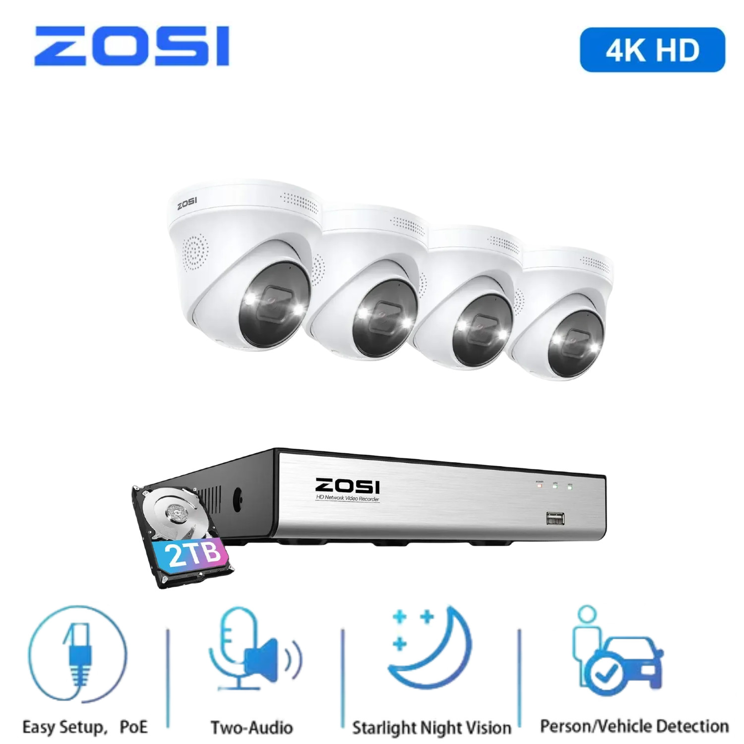 ZOSI 4K 8MP PoE Security Camera System with Spotlight AI NVR 2TB HDD Waterproof