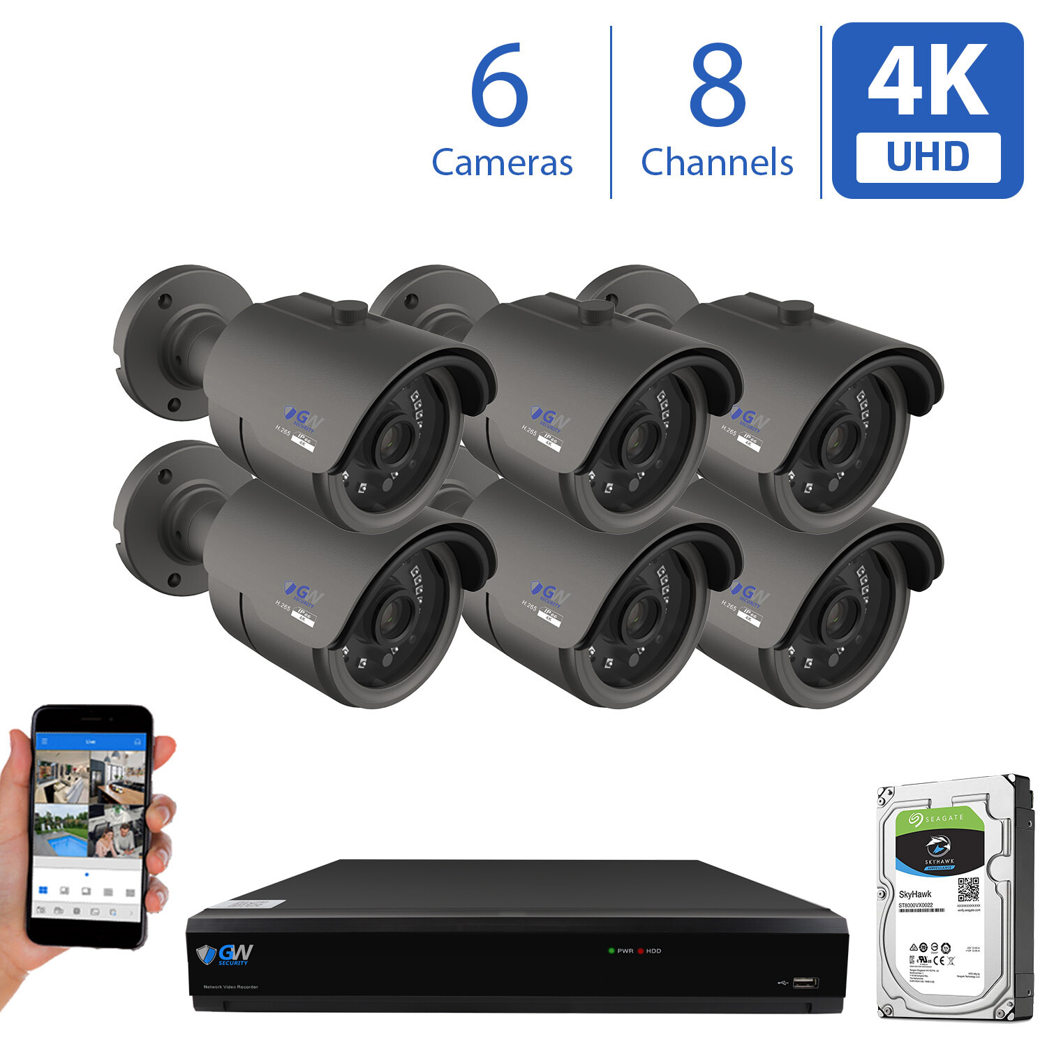 8 Channel H.265 DVR (6) 4K Outdoor 8MP CCTV Bullet Security Camera System 1TB
