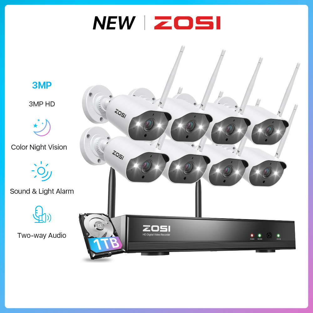 ZOSI 8CH 2K 3MP Wireless IP Security Camera System Audio CCTV Color Night HDD