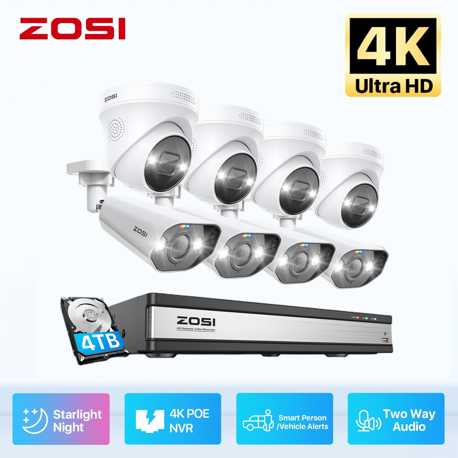 ZOSI 8CH/16CH 4K 8MP POE Home Security Camera System Audio Vehicle Detect 2/4T