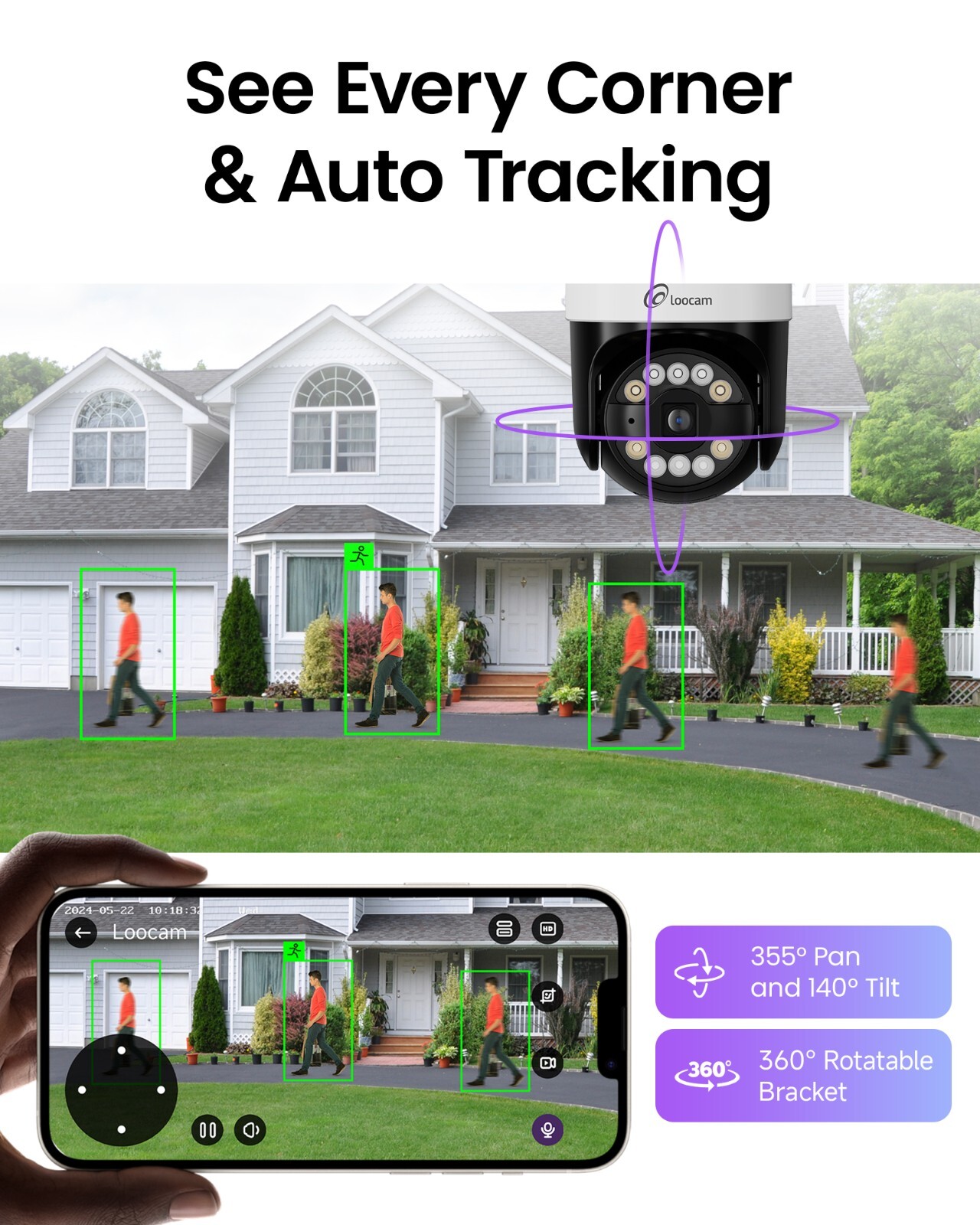Loocam 5MP HD 8CH PoE NVR PT Security Camera System 2TB, Spotlight & Siren Alarm