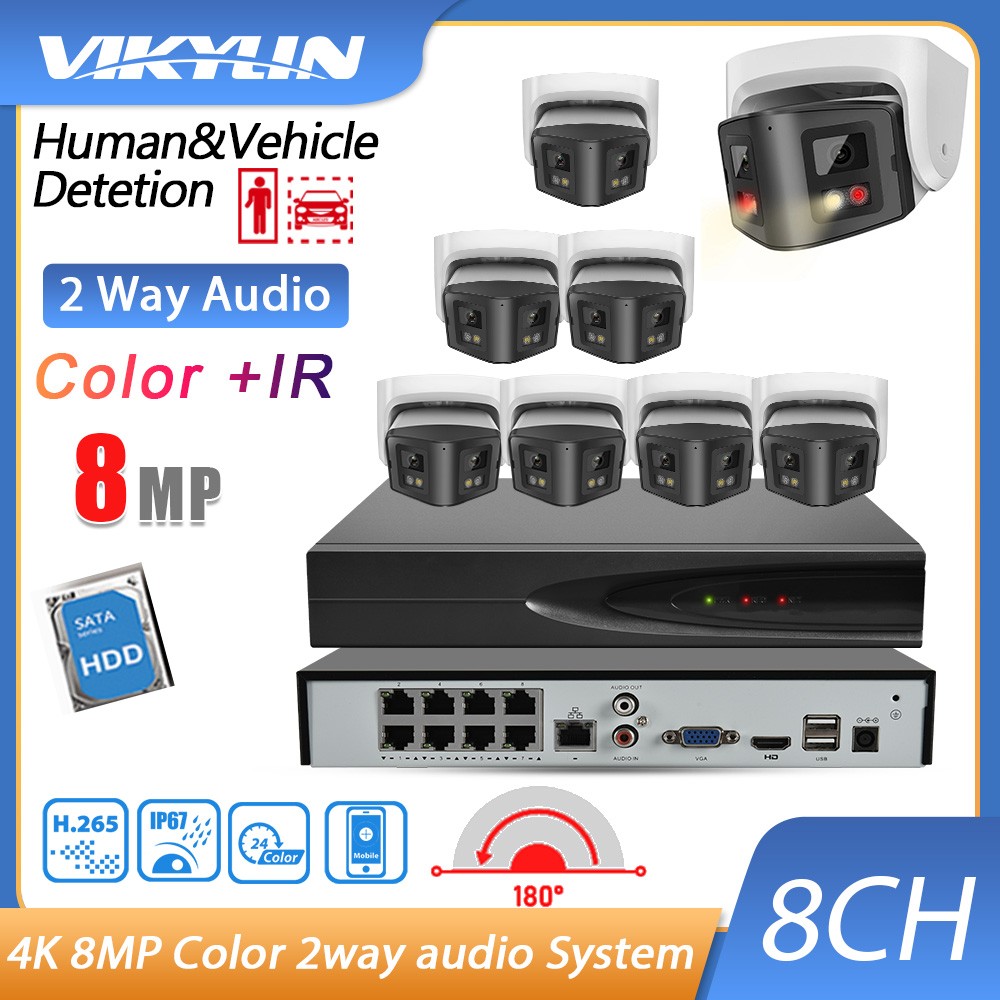 Vikylin 12MP 8CH 8POE NVR Systems 4K 8MP Full Color+IR IP Camera Dual Light lot