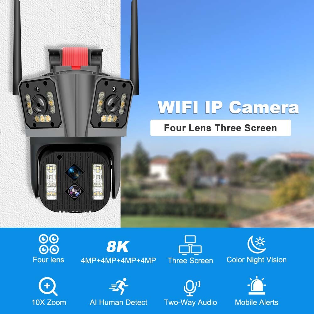8K 10X Wireless Security Wifi 16MP IP Camera Four Lens Wifi Surveillance Cameras