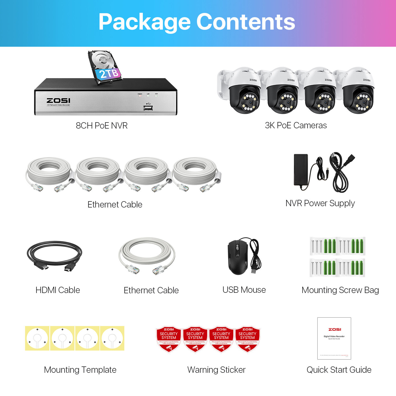 ZOSI 8CH 4K 8CH NVR 5MP Pan-Tilt PoE Security Camera System AI Car/Face Detect