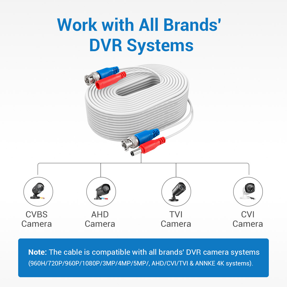 ANNKE 25/60/100ft Extension Cord Security Camera System Video DC Power Cable BNC