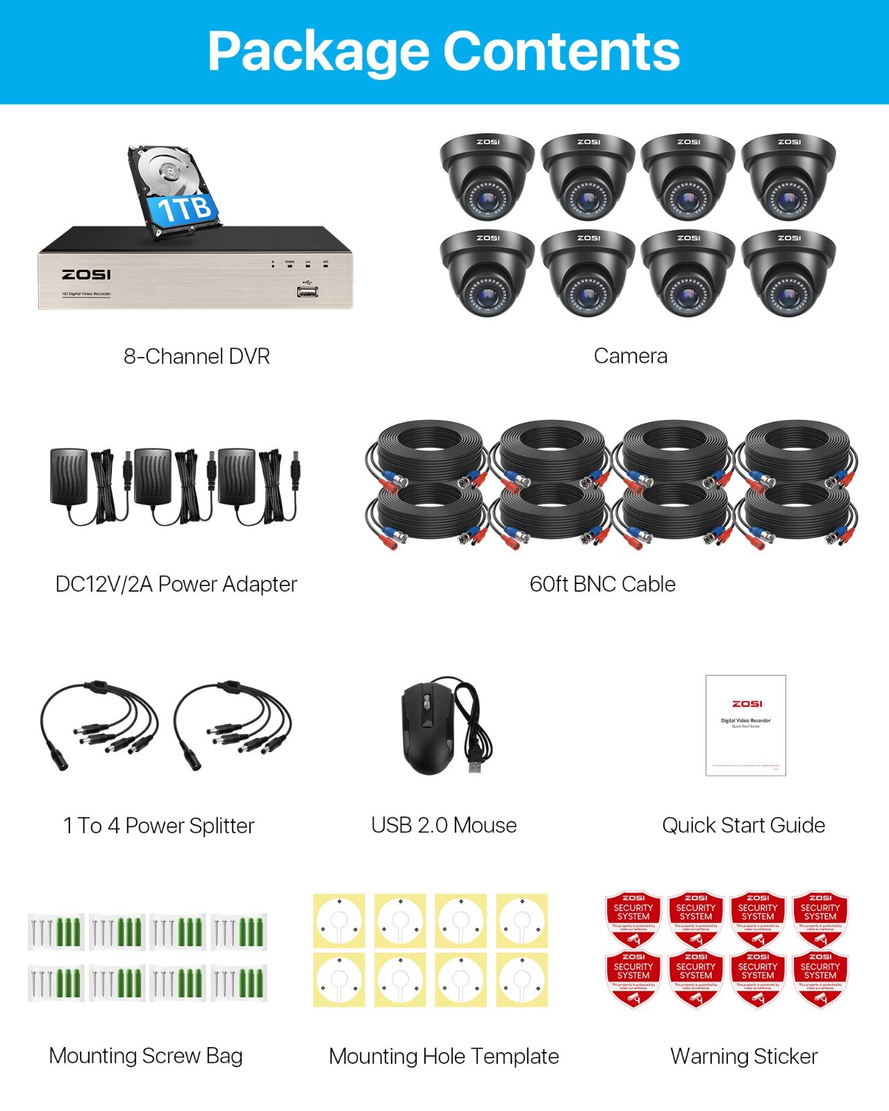 ZOSI 8CH H.265+ 5MP Lite DVR 1TB HDD 2MP Outdoor CCTV Security Camera System Kit