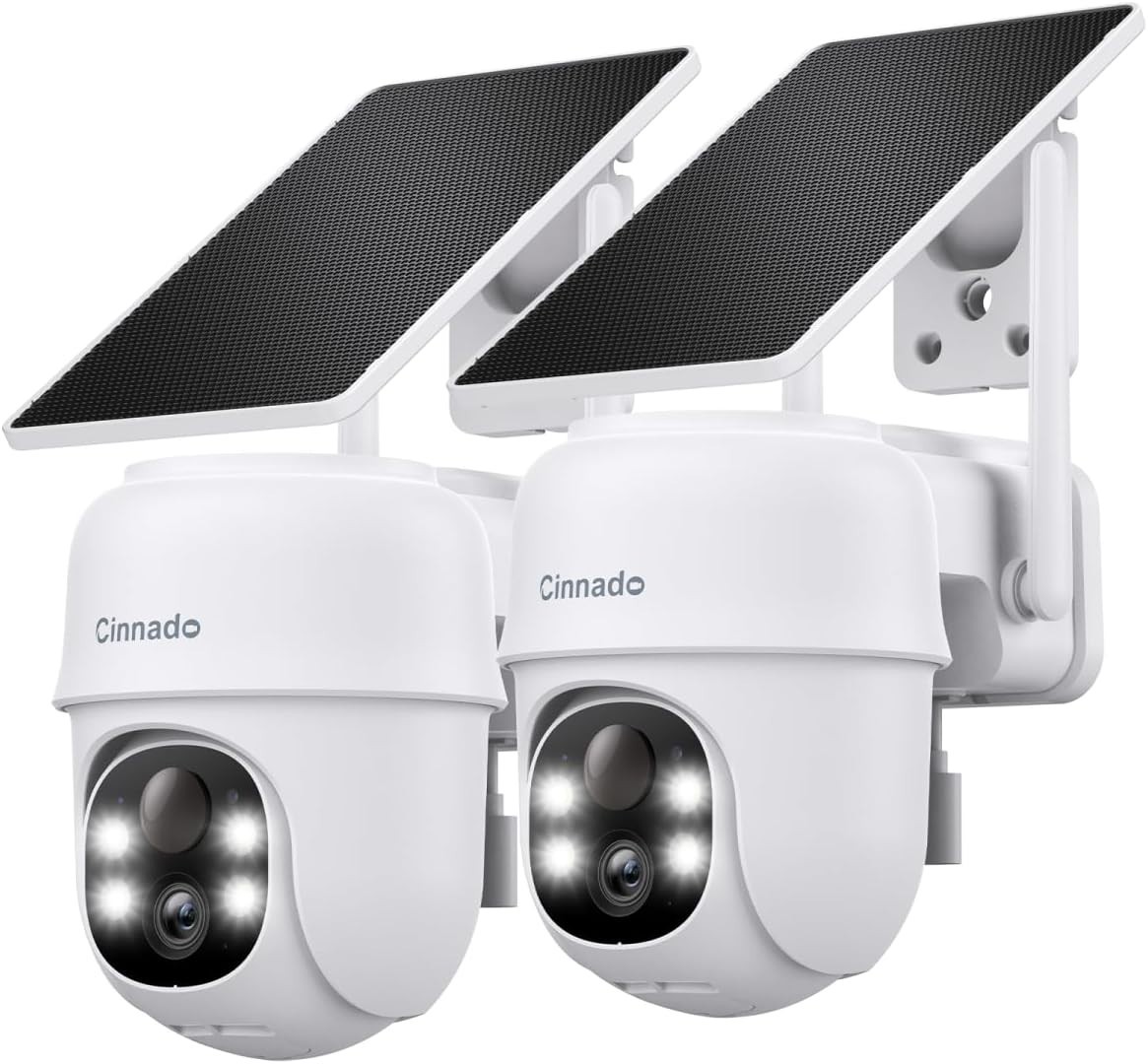 CINNADO 2-Pack 2K Solar Powered & Wireless Outdoor Cameras for Home Security