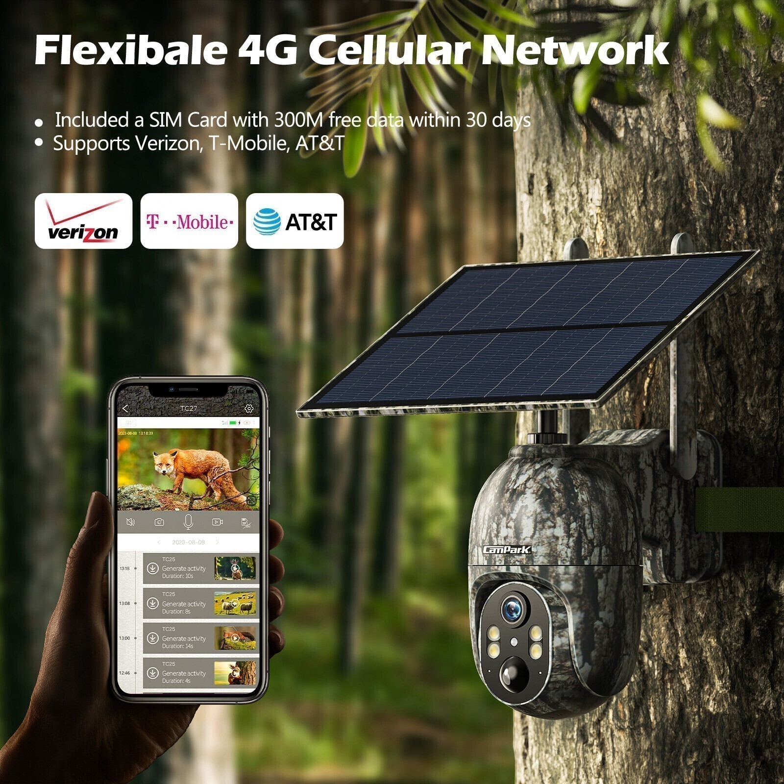 2* Solar Power 4G LTE Cellular 2.5K PTZ Security Camera Trail Cam w/ US SIM Card