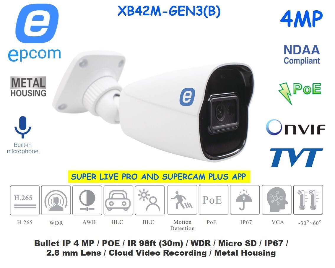 Epcom XB42M-GEN3(B) 4MP IR Water-proof Bullet IP Network POE Camera Built-In Mic