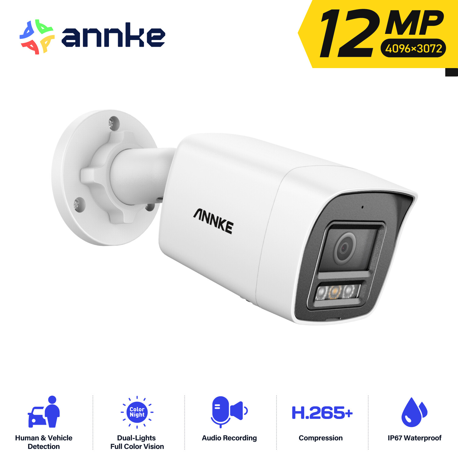 ANNKE 12MP Color Night Vision PoE Security Camera Human Vehicle Detection H.265+