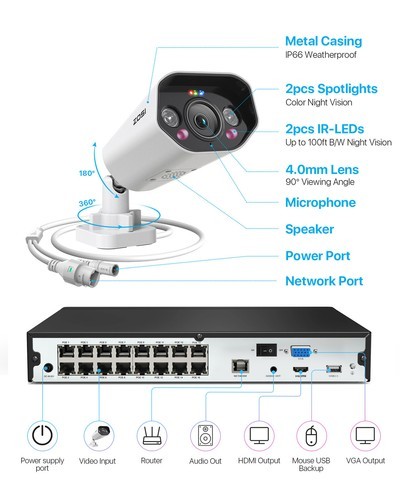 ZOSI 8CH/16CH 4K 8MP POE Security Camera System H.265+ AI Detect Audio 4TB HDD