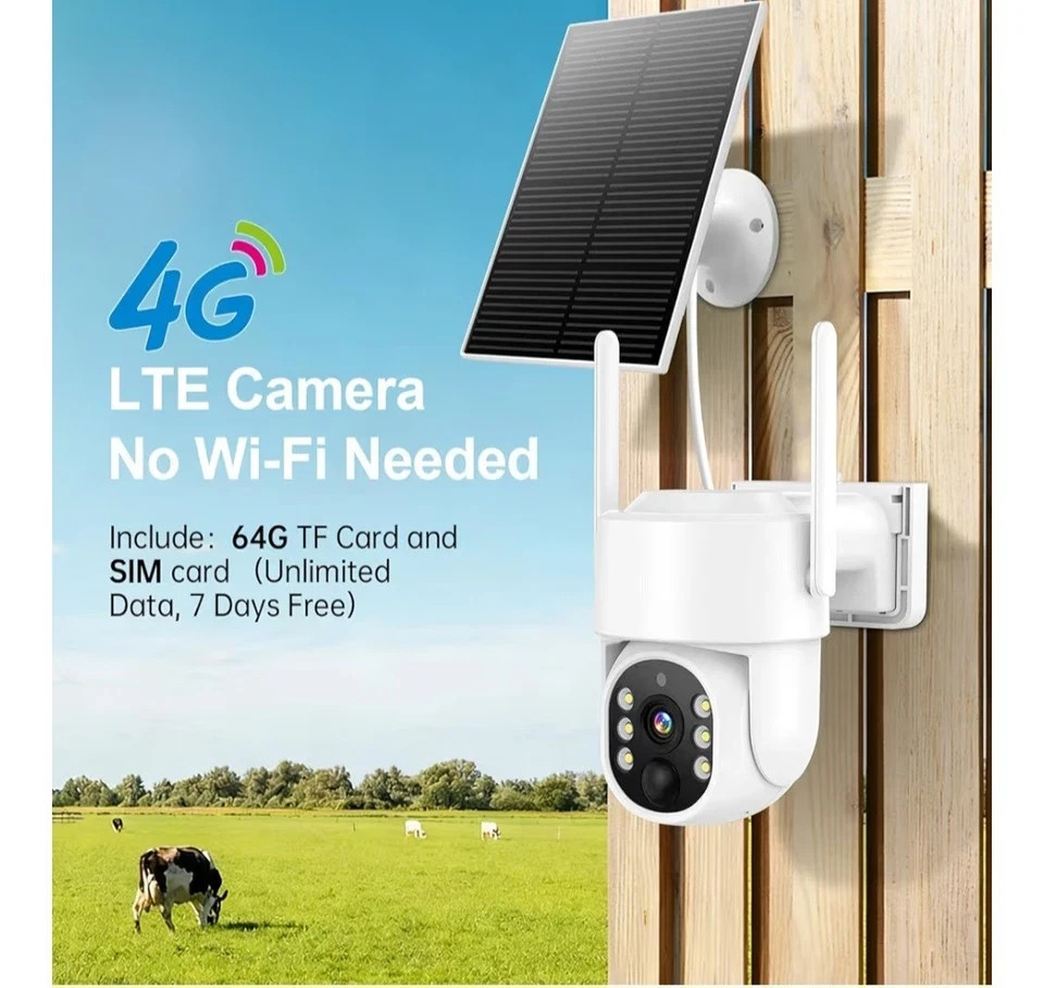 4G LTE Solar Security Camera 4MP Wire-Free Outdoor PTZ CCTV Night Vision No WiFi